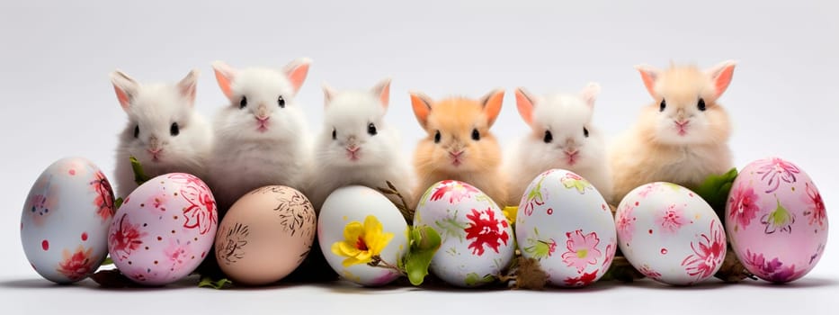 Rabbits and Easter eggs on a white background. Generative AI, Holiday.