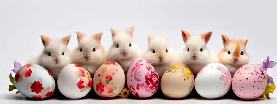 Rabbits and Easter eggs on a white background. Generative AI, Holiday.