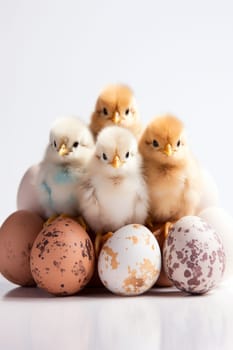 Chicks and Easter eggs on a white background. Generative AI, Holiday.