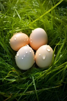 Eggs on green grass from grass-fed birds. Generative AI, Food.