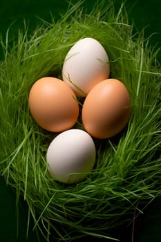 Eggs on green grass from grass-fed birds. Generative AI, Food.