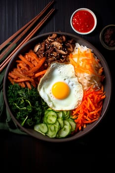 Korean dish in one plate, different ingredients and an egg. Generative AI, Food.