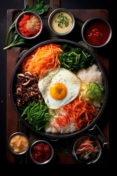 Korean dish in one plate, different ingredients and an egg. Generative AI, Food.
