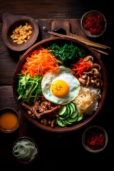 Korean dish in one plate, different ingredients and an egg. Generative AI, Food.