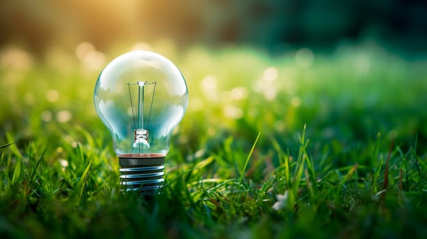 Light bulb on the grass concept nature electricity. Generative AI, Nature.