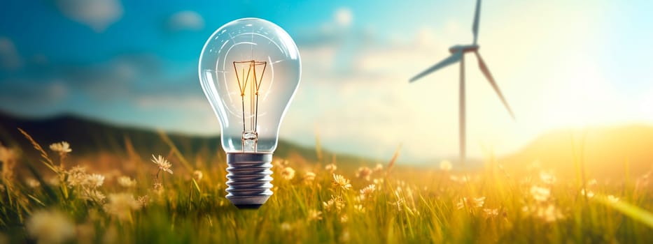 Light bulb on the grass concept nature electricity. Generative AI, Nature.