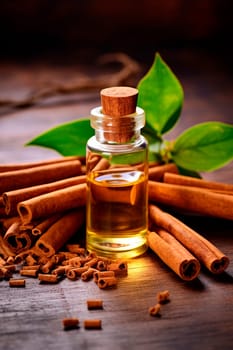 Cinnamon essential oil in a bottle. Generative AI, Nature.