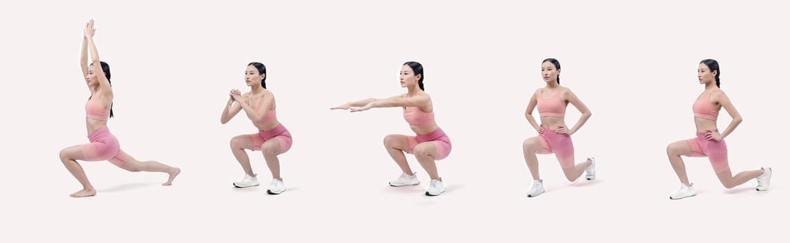 Collection of body workout training with stretching and warming up posture for athletic woman in different various exercise posing sequence in full body studio shot on isolated background. Vigorous