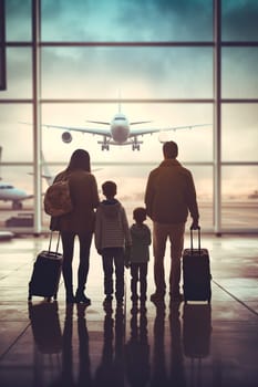 A family stands at the airport and watches a plane take off. Generative AI, People.