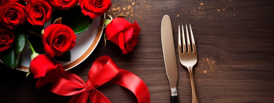 Cutlery and red roses for Valentine's Day. Generative AI, Heart,