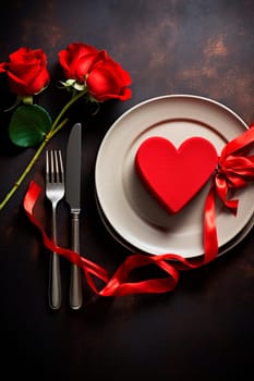 Cutlery and red roses for Valentine's Day. Generative AI, Heart,