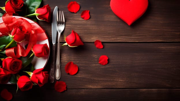 Cutlery and red roses for Valentine's Day. Generative AI, Heart,