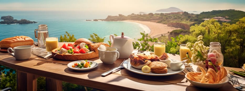 Resort table with fir tree overlooking the sea. Generative AI, Spa.