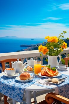 Resort table with fir tree overlooking the sea. Generative AI, Spa.