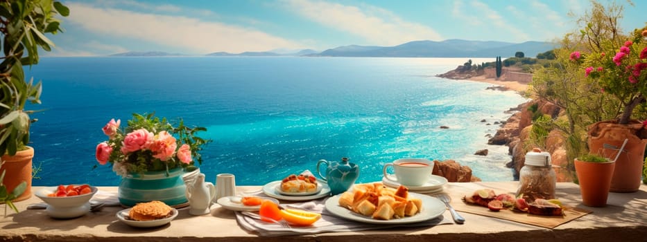 Resort table with fir tree overlooking the sea. Generative AI, Spa.