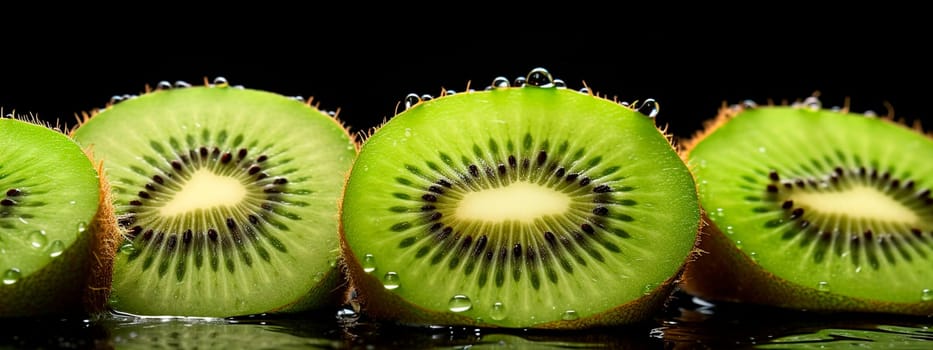 Wet kiwis on a black background. Generative AI, food.