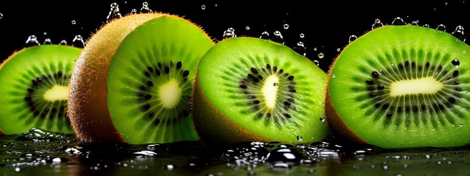 Wet kiwis on a black background. Generative AI, food.