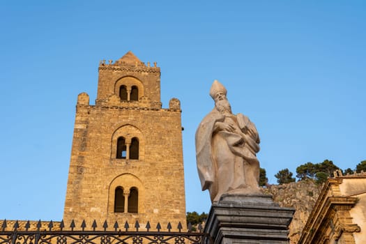 Cefalu, Sicily - July 21, 2023: Exterior of Cefalu Cathedral, a Roman Catholic basilica