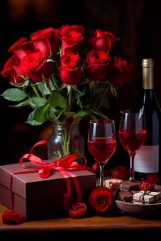 Beautiful gift roses and wine for Valentine's Day. Generative AI, Nature.