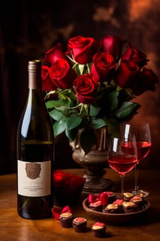 Beautiful gift roses and wine for Valentine's Day. Generative AI, Nature.