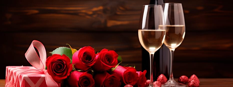 Beautiful gift roses and wine for Valentine's Day. Generative AI, Nature.