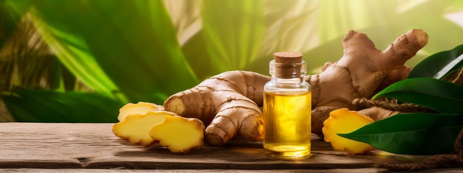 Ginger essential oil in a bottle. Generative AI, Spa.