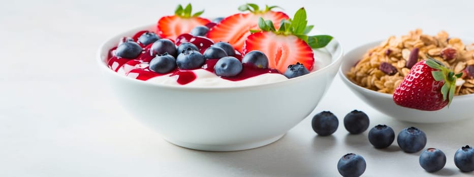 Porridge with berries in a bowl for breakfast. Generative AI, Food.