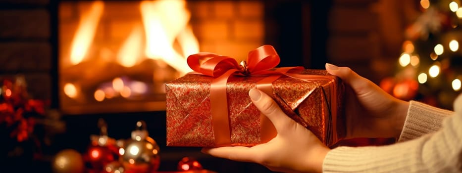 A gift in hands on a Christmas fireplace background. Generative AI, Holiday.