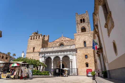 Monreale, Italy - July 18, 2023: Exterior of Monreale Cathedral, a Catholic church and UNESCO world heritage site