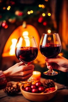 Lovers hold glasses of wine in their hands against the background of a fireplace. Generative AI, Holiday.