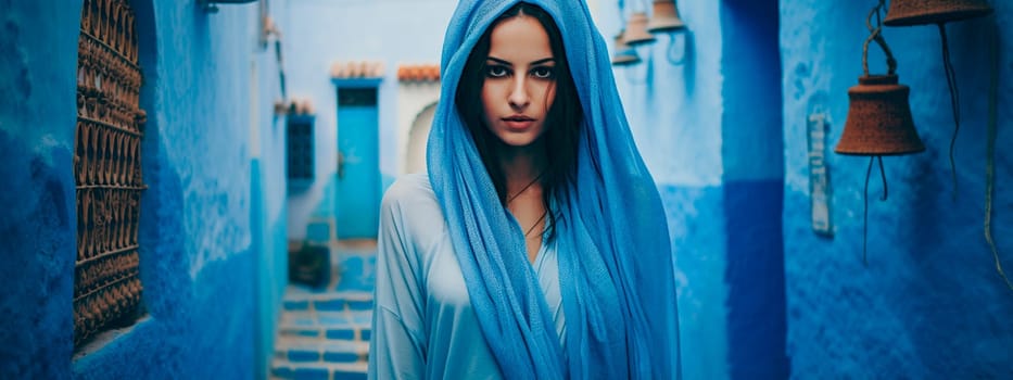 A woman wandering through the picturesque blue streets of Chefchaouen, Morocco. Generative AI, People.