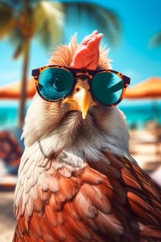 Chicken on the beach with glasses. Generative AI, animal.