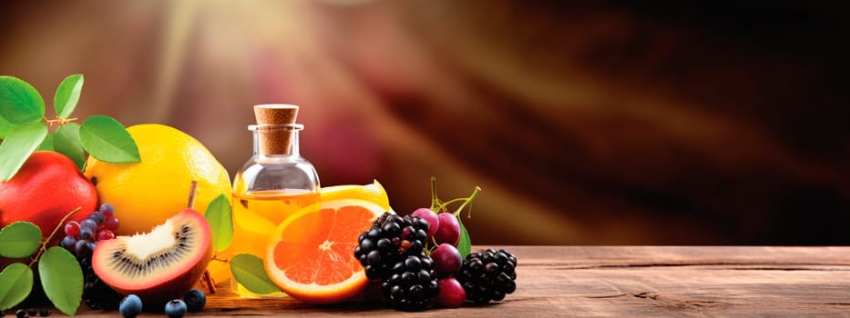 Essential oil of berries and fruits in a bottle. Generative AI, Spa.