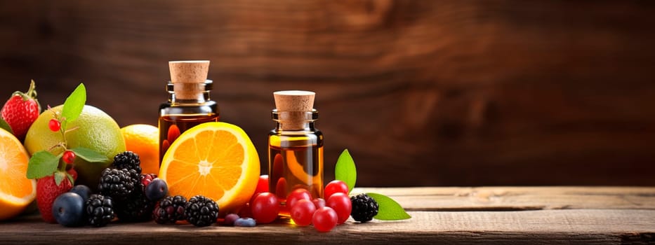Essential oil of berries and fruits in a bottle. Generative AI, Spa.