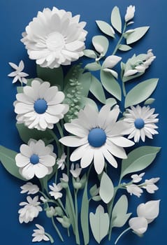 The image shows a 3D painting of white and blue flowers on a blue background. The flowers are of different sizes and shapes and are surrounded by green leaves. Generate AI