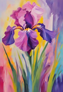 abstract painting of pink and purple iris flower on iris background. The flower is painted with free brush strokes and is made up of different shapes and sizes. The rainbow background creates a sense of movement and energy. abstract expressionism. Generate AI