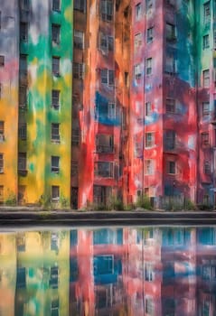 The image shows a series of colorful buildings in an urban setting. Buildings are reflected in the water. dripping paint art. Generate AI
