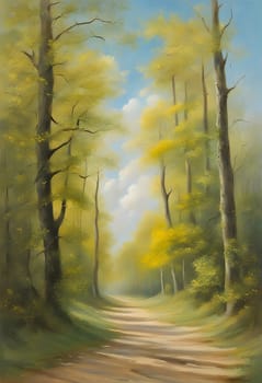 The picture shows an oil painting of a path in the forest. The road is dusty and leads through the trees. The trees are green and some of them have yellow leaves. The sky is blue with a few white clouds. Generate AI