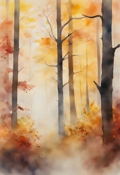 watercolor painting of autumn forest with fog. The trees are covered in leaves of various colors, including yellow, orange, red and brown. Fog covers part of the forest, creating a sense of mystery and romance. Generate AI