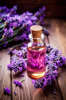 Lavender essential oil in a bottle. Generative AI, Nature