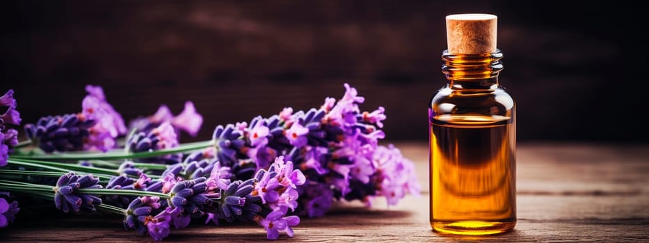 Lavender essential oil in a bottle. Generative AI, Nature