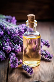 Lavender essential oil in a bottle. Generative AI, Nature