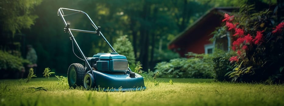 A lawn mower mows the lawn. Generative AI, Nature.