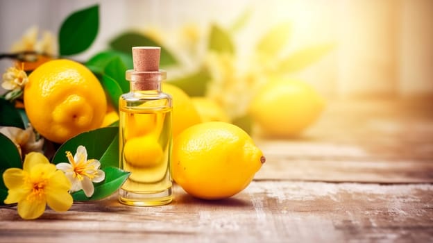 Lemon essential oil in a bottle. Generative AI, Spa.