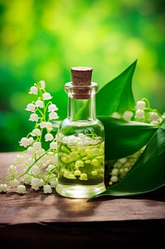 Lily of the valley essential oil in a bottle. Generative AI, Nature.