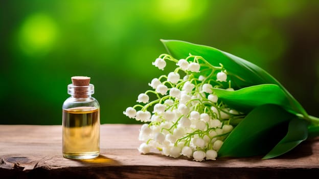 Lily of the valley essential oil in a bottle. Generative AI, Nature.
