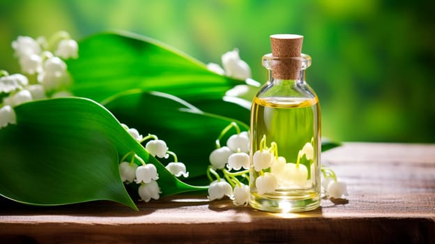 Lily of the valley essential oil in a bottle. Generative AI, Nature.