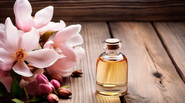 Magnolia essential oil in a bottle. Generative AI, Spa.