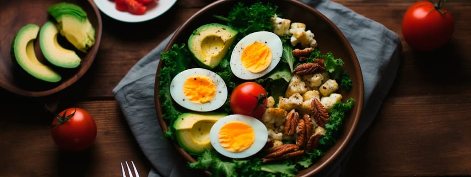 Keto plate eat eggs, avocado, greens, nuts Generative AI Food