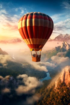 A hot air balloon flies in the sky. Generative AI, Nature.